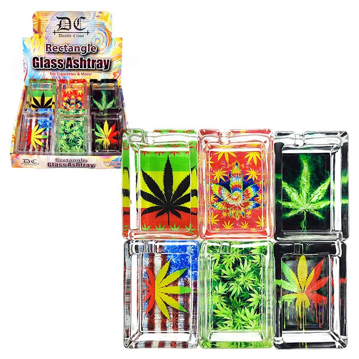 DOUBLE CROSS SMALL GLASS RECTANGLE ASHTRAY - DISPLAY OF 6